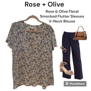 Rose & Olive Floral Smocked Flutter Sleeves V-Neck Blouse